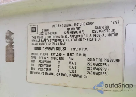 1998 Chevrolet Blazer Lt z USA, uszkodzony, nr VIN 1GNDT13W9W2180033